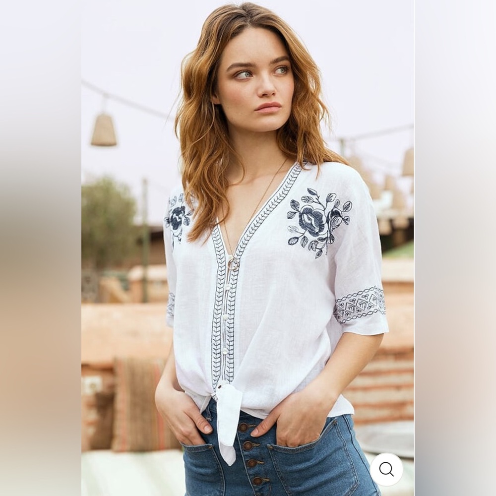 Rails Thea White Blue Floral Linen-Blend Top